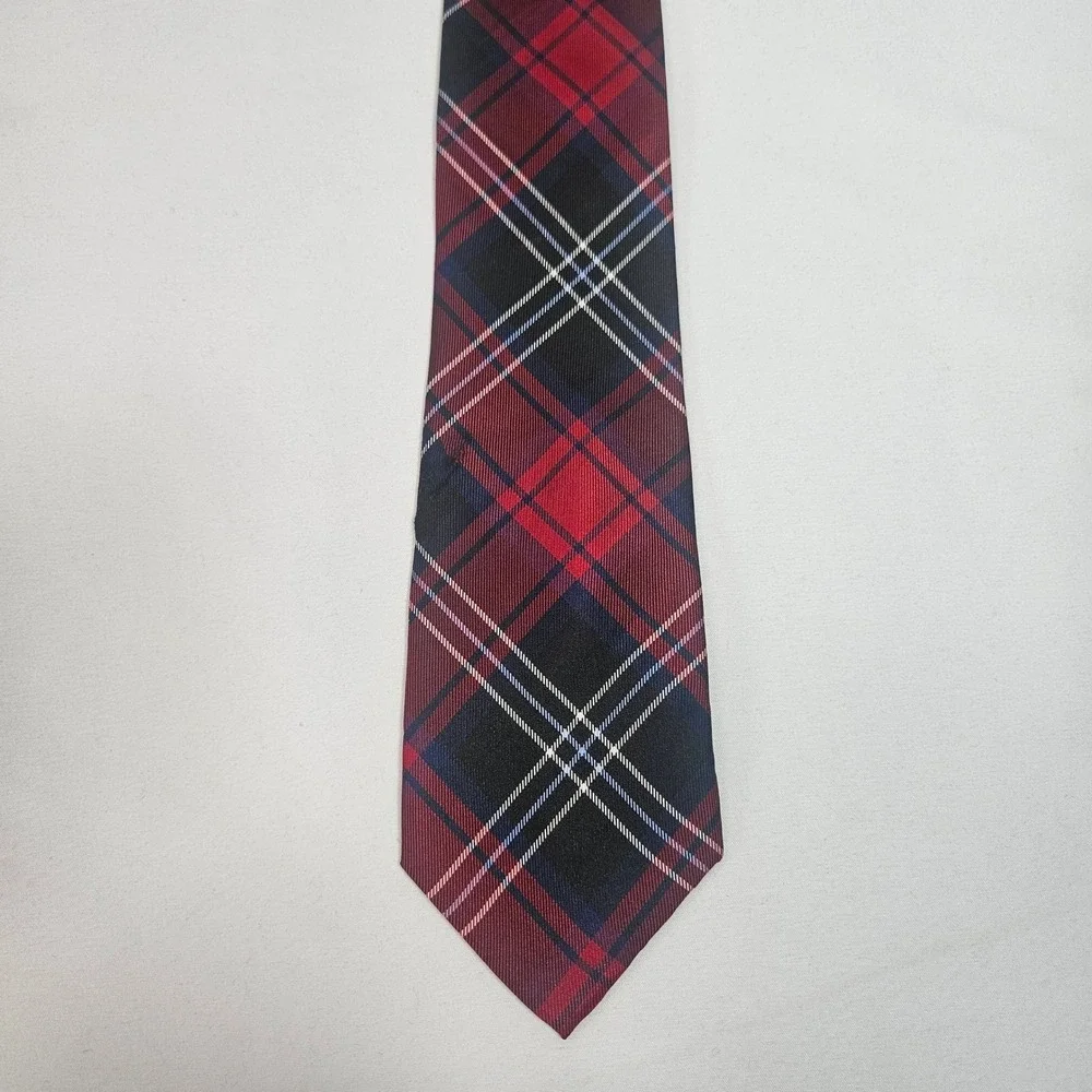 Mister Dean Red Black Blue Plaid 100% Silk Men's Necktie Hand Sewn‎
